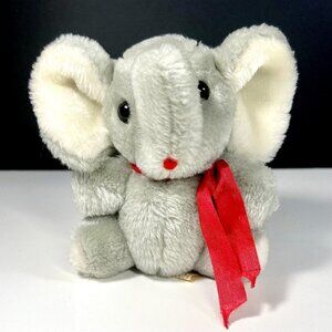 Vintage Jerry Elsner 5" Elephant Plush Stuffed Animal Grey Red Bow Made in Korea